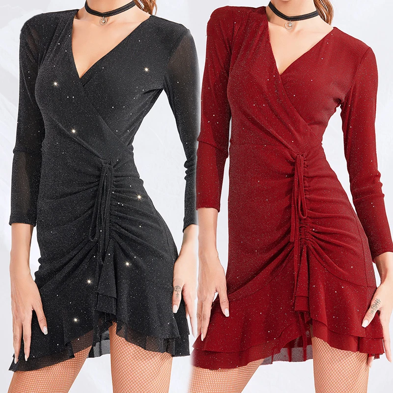 

New Latin Dance Dress Sequin Dancing Dress Adults Latin Practice Wear ChaCha Perform Rumba Dress Sexy Latin Dress Women BL2574