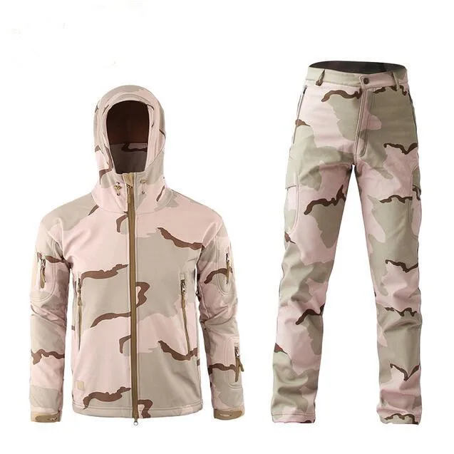 san sand Tactical Camouflage Suits Men Women Waterproof Shark Skin Soft Shell Jacket Pants Outdoor Trekking Hiking Camping Hunting Sets - Color: san sand