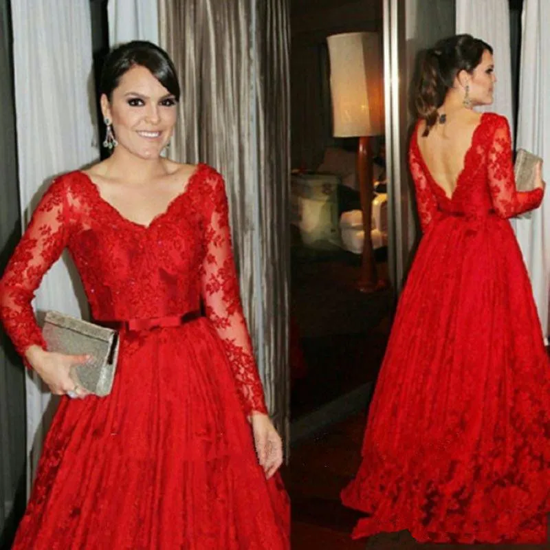 

Elegant Red Lace Long Sleeves Prom Dresses robe de soiree abiye gece elbisesi A Line V Neck Bride Bow Formal Evening dress 2019