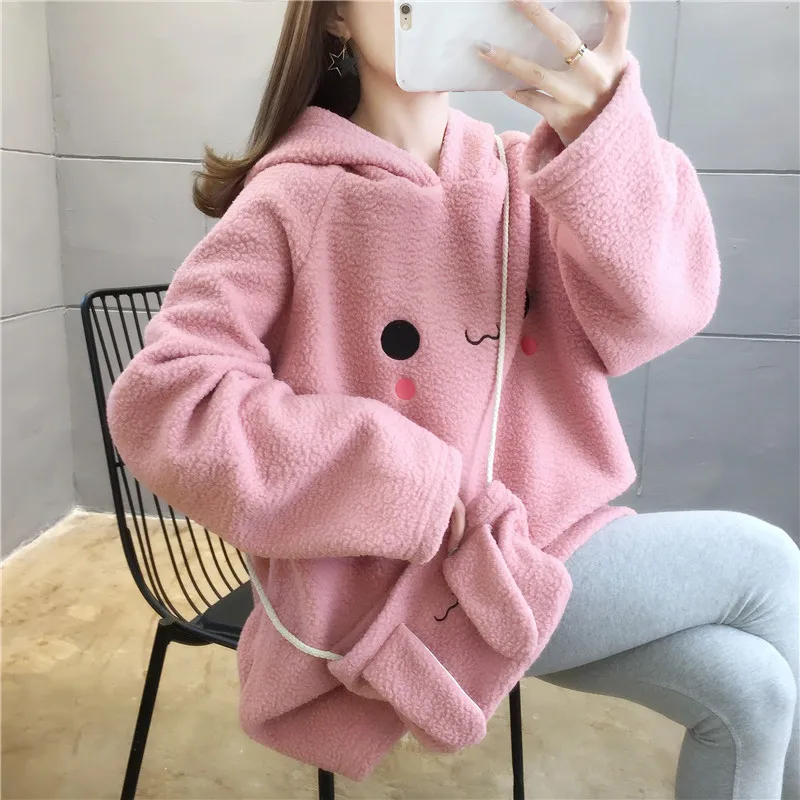 

Autumn Winter Coat Pink Sweet Cute Print Hoodie Harajuku Loose Hoodies Women Fleece Flannel Hooded Pullover Female Sweatshirt
