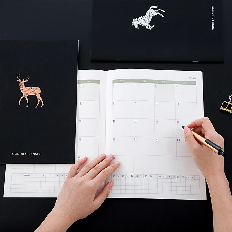 

2020 A4 Notebook Black Cover Schedule Planner Monthly Calendar Journal Organizer Student Office Study Notebook Writing Plan Book