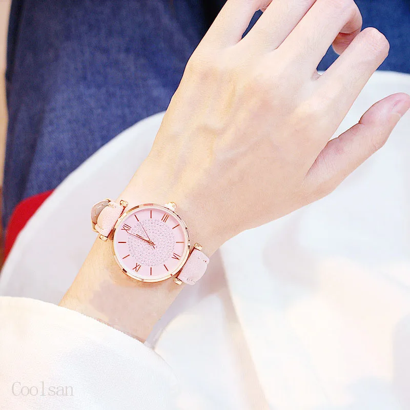 All pink Роскошные женские часы браслет набор звездное небо женские повседневные часы, кожа кварцевые наручные часы девушка часы relogio feminino - Цвет: All pink