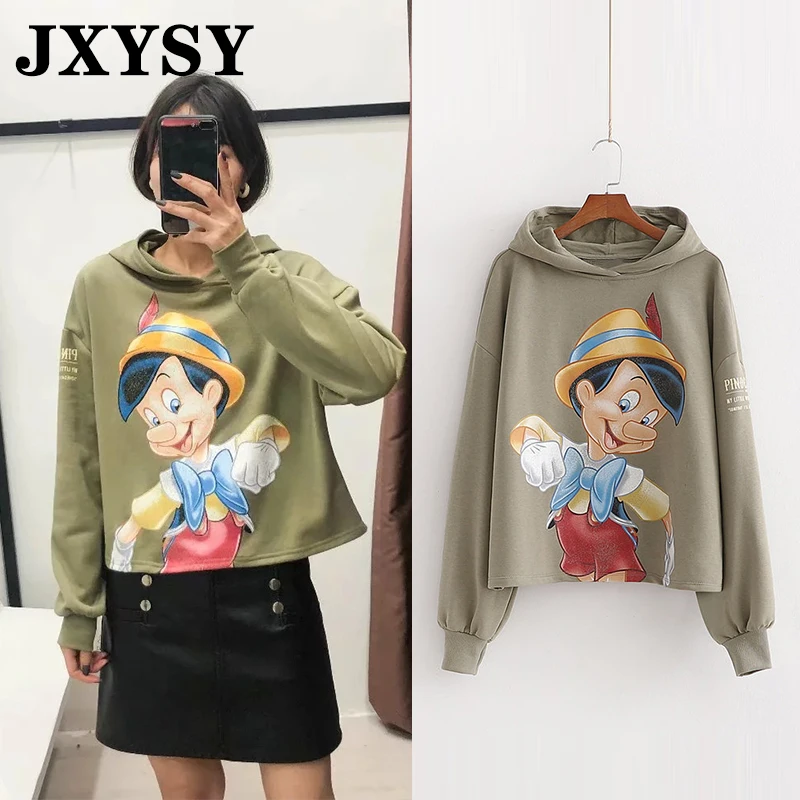 JXYSY, зимние толстовки для женщин, Англия, высокая улица, мультяшный персонаж, принт, короткий, с капюшоном, свободные, женские толстовки, женские пуловеры, Топ