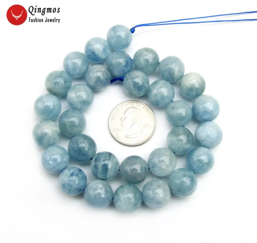 

Qingmos 13-14mm Round Natural Blue Aquamarines Stone Loose Beads for Jewelry Making Necklace Bracelet Earring DIY 15" los815