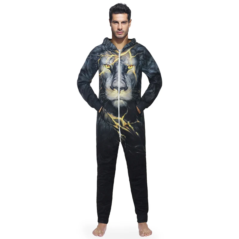 Party Overalls Mens Autumn News Fashion Geometric Print Long Sleeve Mens Rompers Male Jumpsuit Cargo Long Pants Outfits Jumpsuit - Цвет: 01 Lion