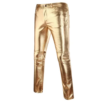 

Bar Nightclub Male Singer Tight PU Leather Men's Slim Pants Gold Silver Leather Pants Streetwear Hip Hop Ropa De Hombre 2020