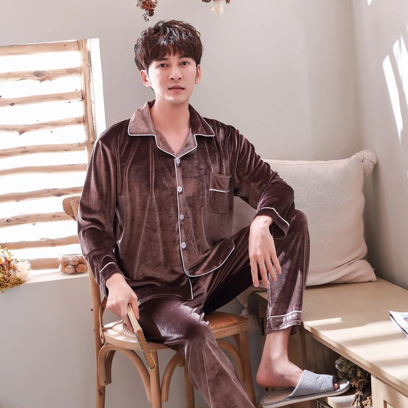 Fashion Man Autumn Winter Pajamas Set Sleepwear Mens Warm Thickening Pyjama Gold Velvet Top And Pants pjs Long Sleeve Homewear
