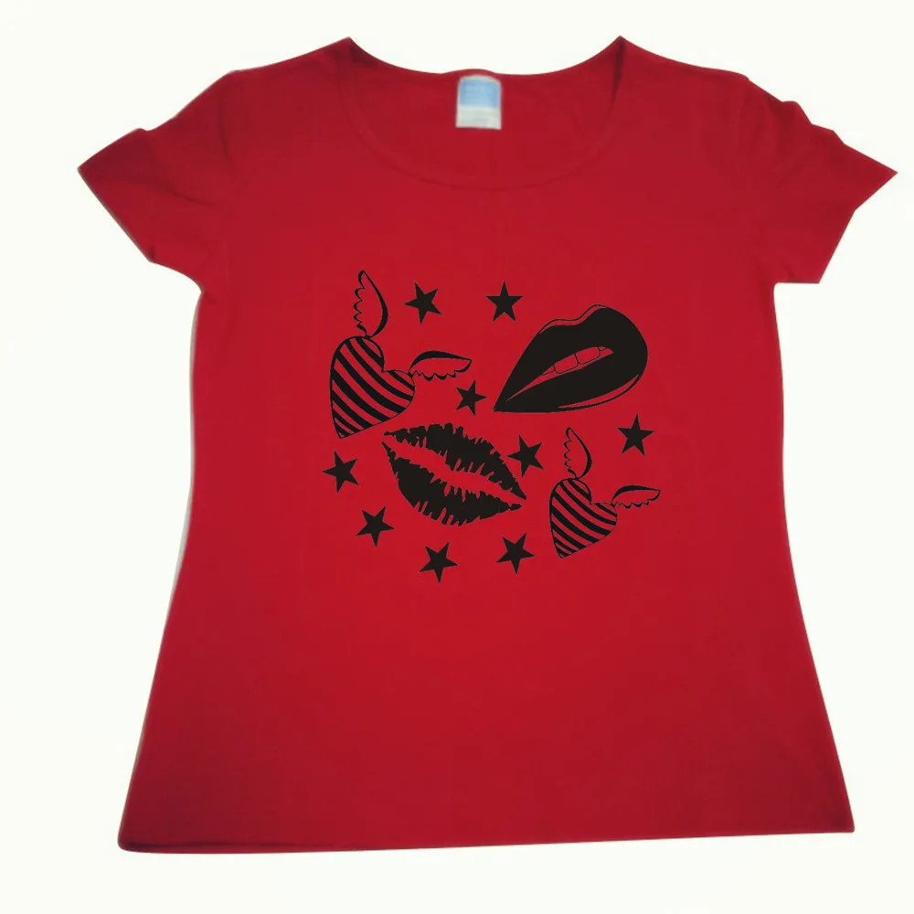 

T-shirt lady Summer new lip print short paragraph O-neck T-shirt flying heart print T-shirt ladies casual tops