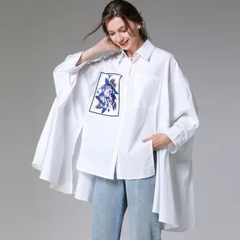 

2020 Female New Style Spring and Summer Fashion Batwing Sleeve Irregular Shirt Casual Loose Lapel Print Split Tops Big Size