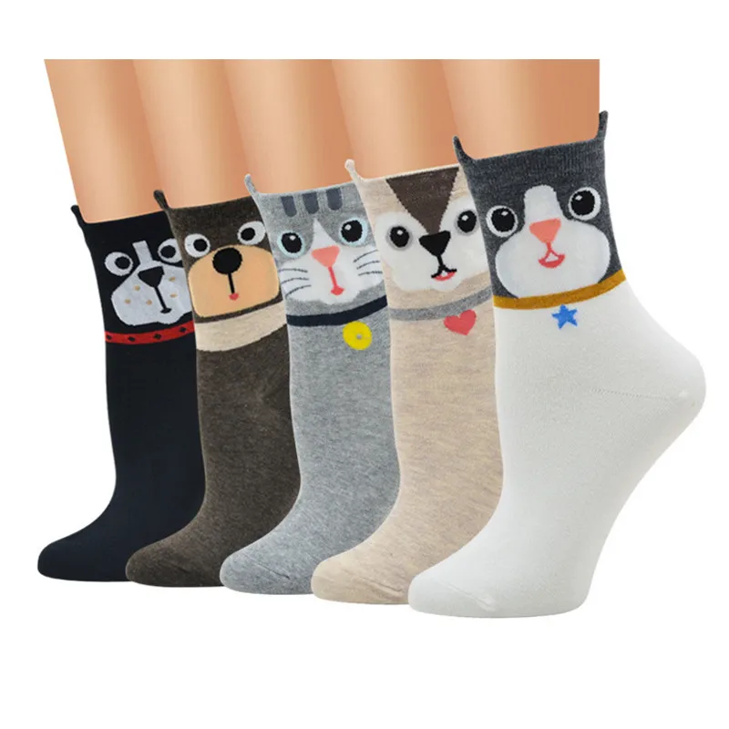 Носки с животными и собаками забавные счастливые носки женские носки с героями мультфильмов хлопковые носки с милыми кошачьими ушками для девочек Дышащие носки с котенком в стиле Харадзюку