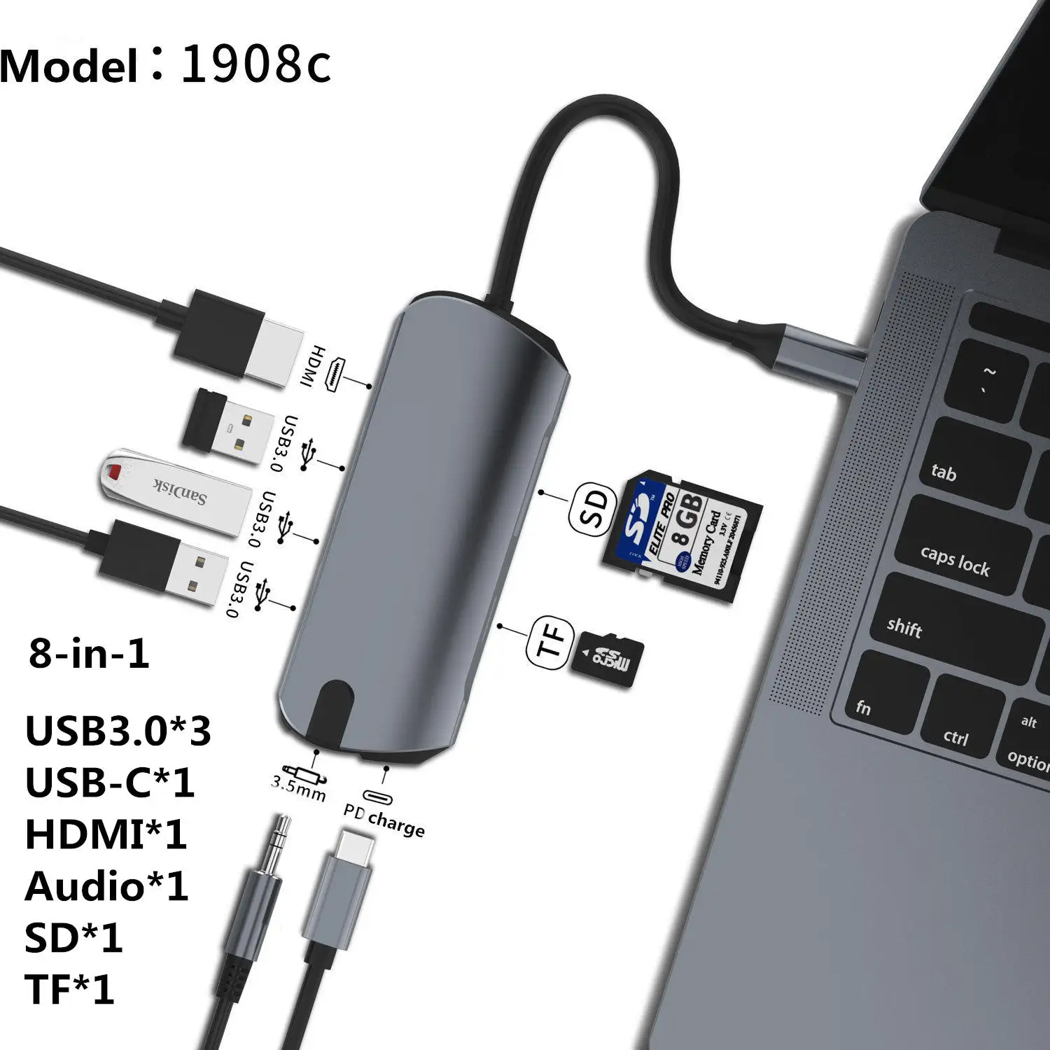 1908C USB разветвитель Концентратор USB type C с HDMI RJ45 PD зарядка SD кард-ридер USB C концентратор Type C Plitter для Macbook Pro Аксессуары для ноутбуков мультихаб ноутбук аксессуары Multi HUB комплектующие для пк - Цвет: 1908C
