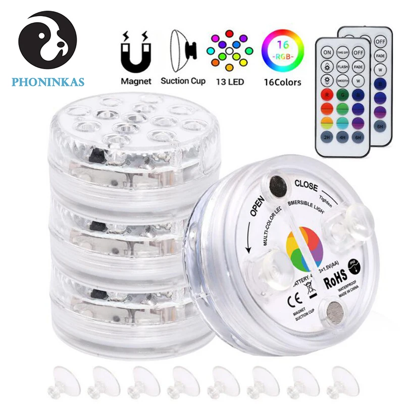 

LED Underwater Light IP68 Waterproof Battery Operated 16 Colors RGB Submersible Lights for Fish Tank Pond Pool Wedding Party