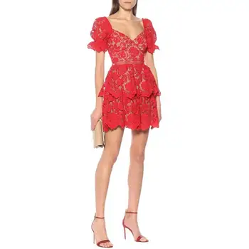 

2020 New Spring Puff Sleeve High Waist Slim Backless Party Dress Self Portrait Mini Sexy Club Lace Runway Dresses