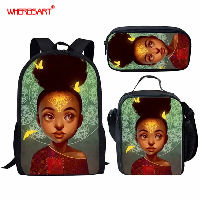 WHEREISART Kids Backpack Girls for School Black Art African Girls Design Bagpack Children 3pcs/set Schoolbag Bookbag Mochila - Цвет: YQ4586CGK