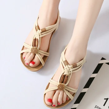 

Summer Bohemia Gladiator Women Sandals Ethnic Flat String Bead Platform Peep Toe Casual Beach Ladies Shoes Zapatos De Mujer