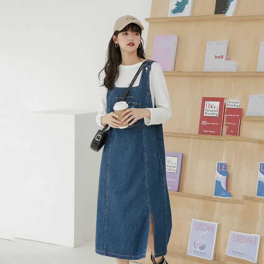 

Preppy Style Vintage Denim Dresses Women Sleveless Spaghetti Strap Dress Korean Casual Loose Jeans Dress Vestidos