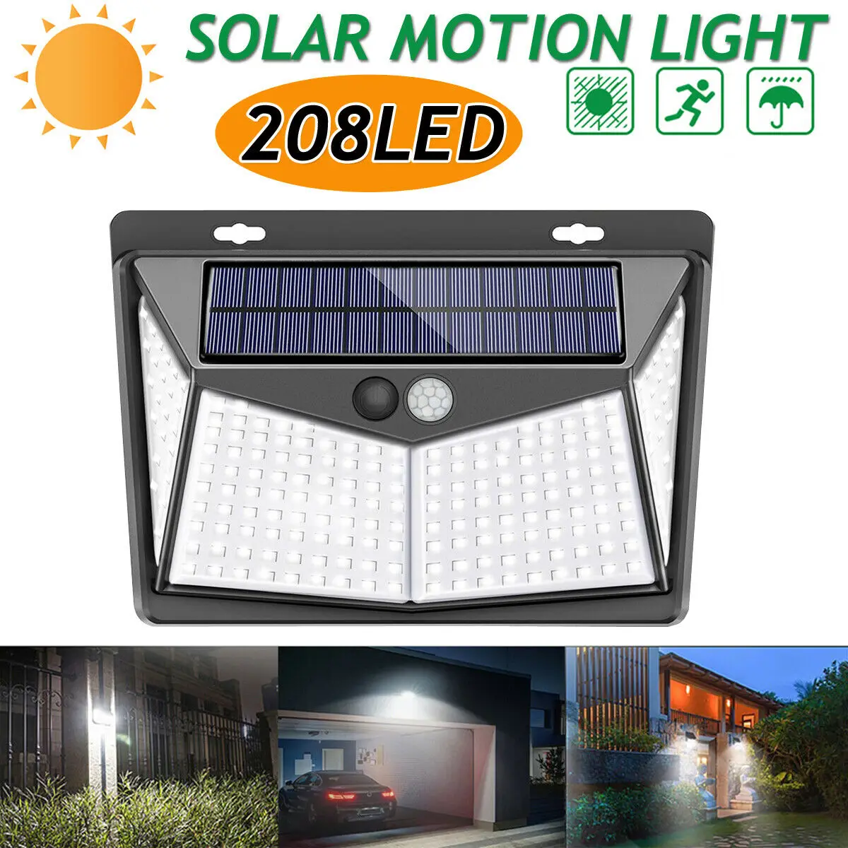 208 LED Solar Power PIR Motion Sensor Wall Lights Outdoor Garden Lamp Waterproof