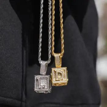 

A-Z Single Stereoscopic Square Letter Pendant Necklace Chain Gold Color Cubic Zircon Men Women Hip Hop Jewelry