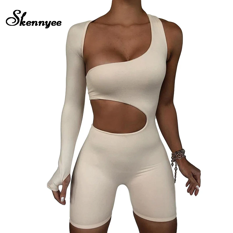 

Skennyee Women's Romper Sport One Shoulder Skinny Playsuit Hollow Out Elastic Fitness Causal Fashion Women Romper Plus Size