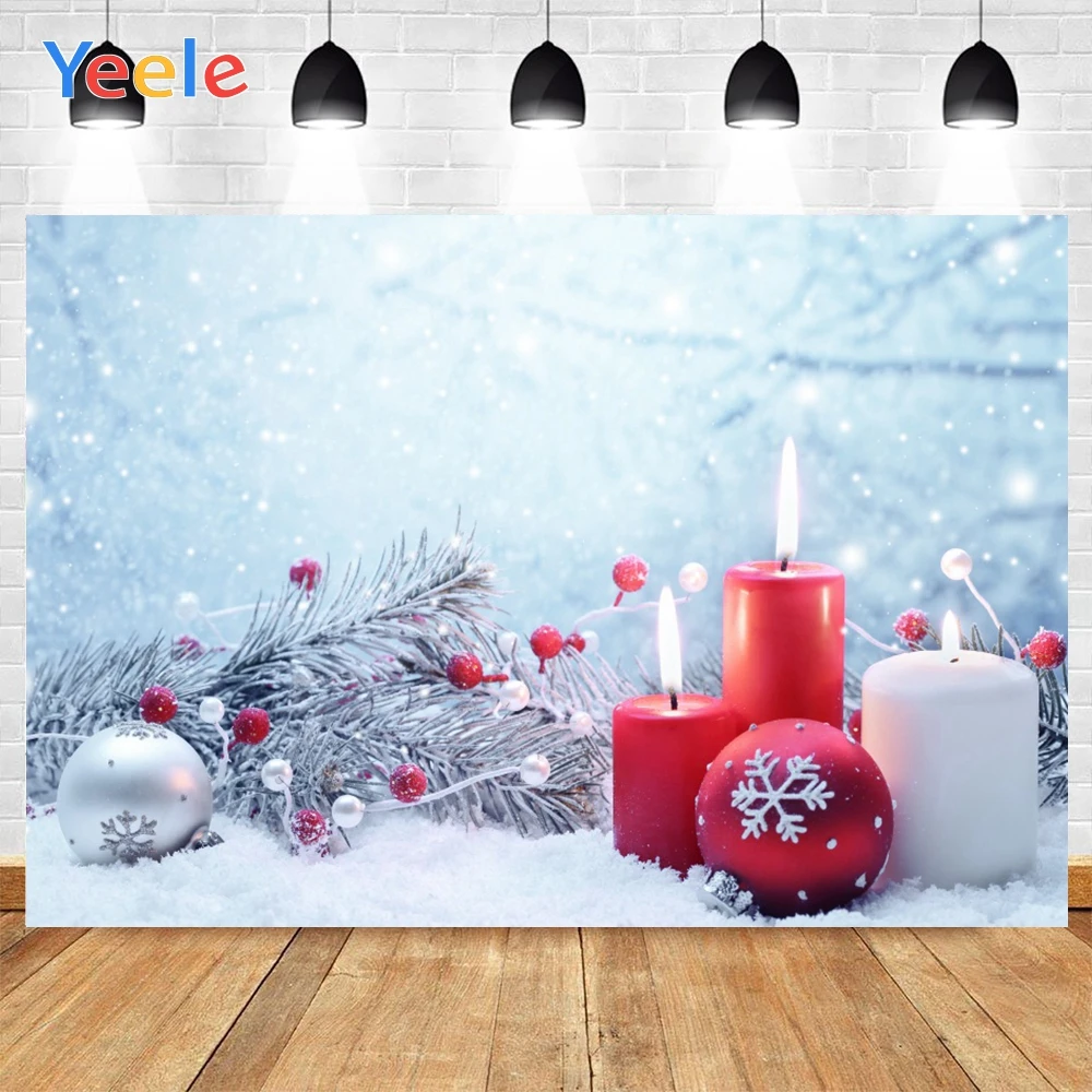 

Yeele Merry Christmas Red Balls Candles Burning Snowflake Background Photophone Photography Backdrop for Decor Customized Size