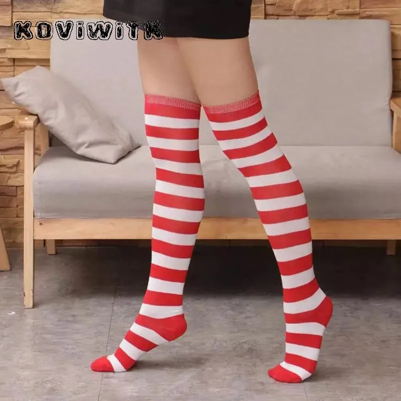 White red Радужные чулки до колена для женщин s Sox сексуальные длинные чулки до бедра в полоску размера плюс красные \ черные компрессионные зимние женские чулки для девочек - Цвет: White red