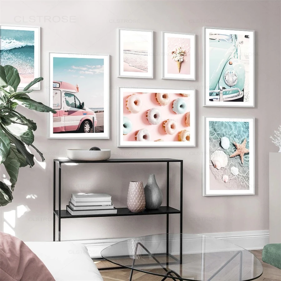 Pink Beach Seascape Poster Waves Flower Shell Car Donuts Wall Art Canvas Painting Modern Home Decoration Wall Art Pictures