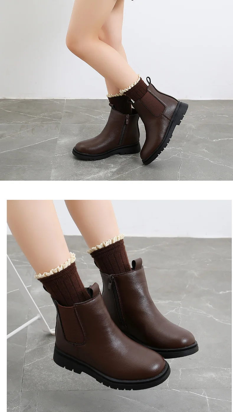 Botas de Pelúcia Outono Inverno Crianças Botas Meninos Meninas Couro Martin Moda Impermeável Antiderrapante Quente Sapatos 26-36 2022 - 68 High Quality Mamãe e Bebê