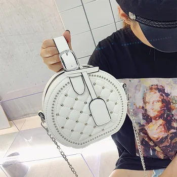 

New Mini Bag Women Riveting Nail Chain Small round Bag Textured One-Shoulder Cross-Body Handbag