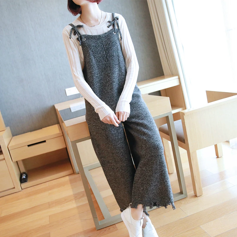

M-XXL Large Size Solid Autumn Winter Jumpsuit for Women Lace Up Gray Woolen Wide Leg Pants Ladies Casual Streetwear Jumpsuits