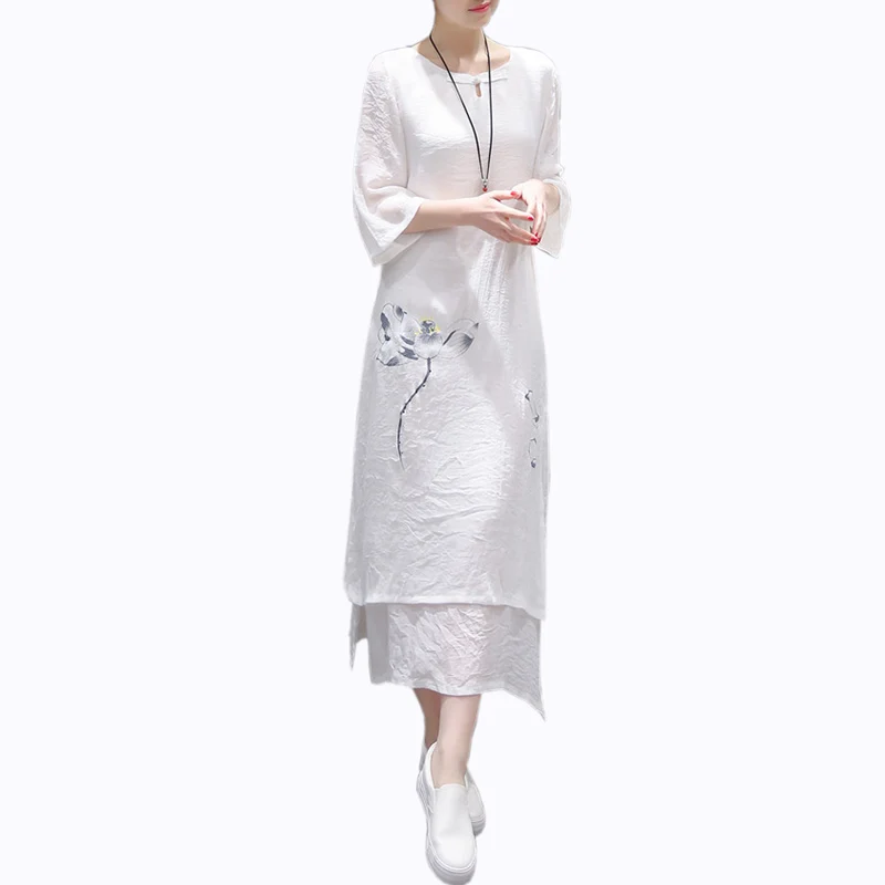 summer vintage Floral Pleated long dress women white Loose Cotton and Linen dress Chinese Style Linen long dress women