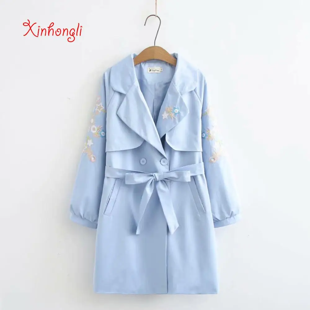 Sky blue Plus size Embroidery Adjustable waist bow women loose long Trench coats NEW spring autumn office ladies slim coats female - Color: Sky blue