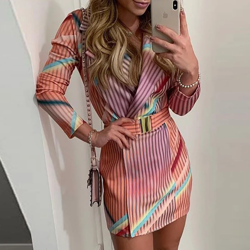 

2019 Autumn Winter Colorful Striped Print Blazer Dress