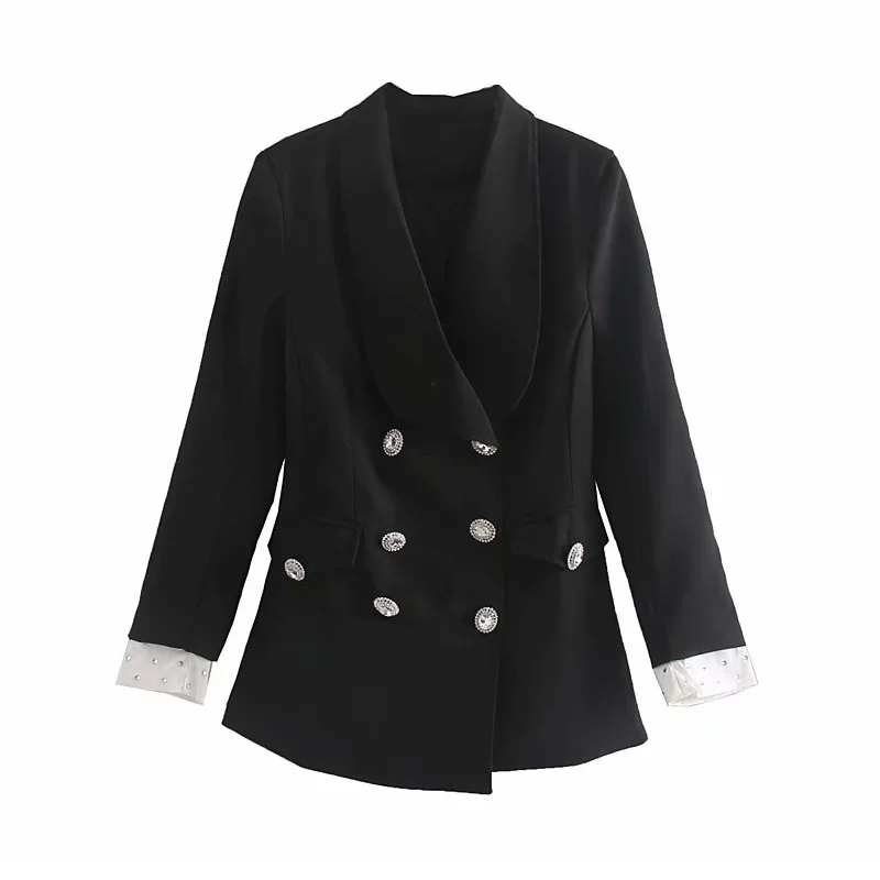 

Vintage women jacket patchwork diamonds black suit 2019 fashion ladies double breasted elegant coat female feminine outerwear