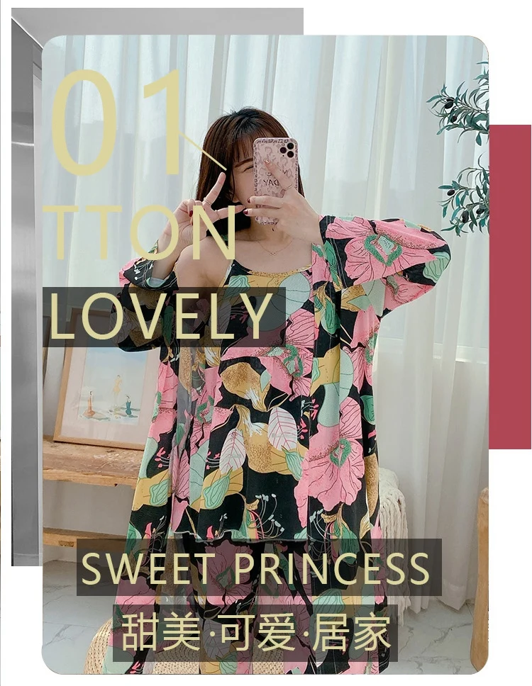 cute pajamas for women 2021 Autumn 3PCS Sexy Long Sleeve Robes Pajama Sets for Women Print Sleepwear Homewear Pijama Mujer Home Clothes Three Piece Set cute pjs