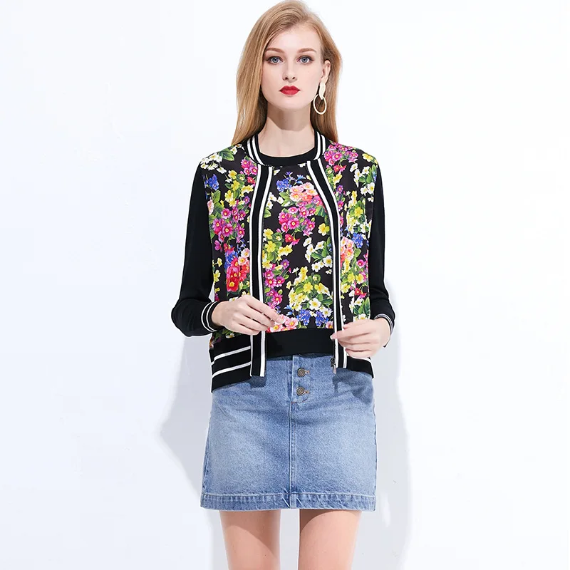 

Small Floral Printed Elegant Baseball Uniform 2019 Autumn New Style Zipper Knitted Short Loose-Fit Long-sleeved Coat Thin