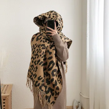 

Winter Warm Leopard Scarf Female Korean Thickening Increase Double Pattern Shawl Scarf