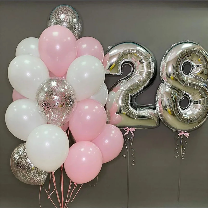 19ピース セット女の子の28歳の誕生日パーティーの装飾バルーン32インチのシルバーナンバーホイルの装飾誕生日ピンクの白いglobos パーティー用自作デコレーション Aliexpress