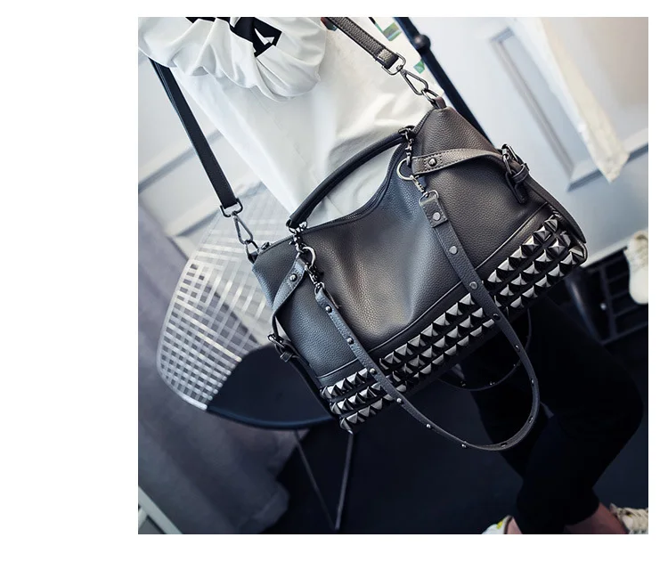 Черная украшенная заклепками сумка на плечо в готическом стиле с заклепками винтажный кошелек через плечо Большая вместительная кожаная сумка для женщин