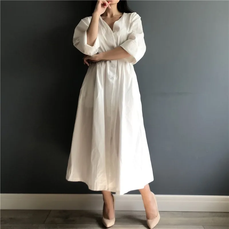 GOOHOJIO New 2020 Women Dresses Spring Summer Cotton and Linen Elegant Pleated Long White V Neck Lace Up Bow One Size | Женская одежда