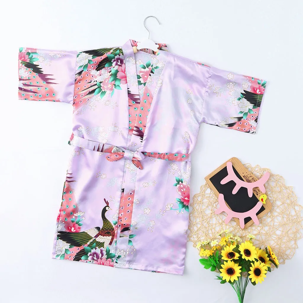 Pajamas Summer Children's Nightgown Toddler Baby Kid Girls Floral Silk Satin Kimono Robes Bathrobe Sleepwear Clothes халат