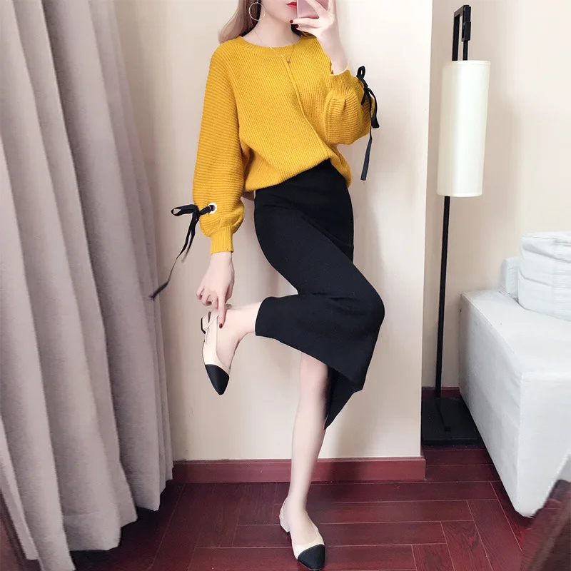 

2019 Autumn winter Women Knitted Sweater Suits Loose Sweater Top+ Bodycon Slim Midi Skirts Set Female Casual 2 Pieces Outfits