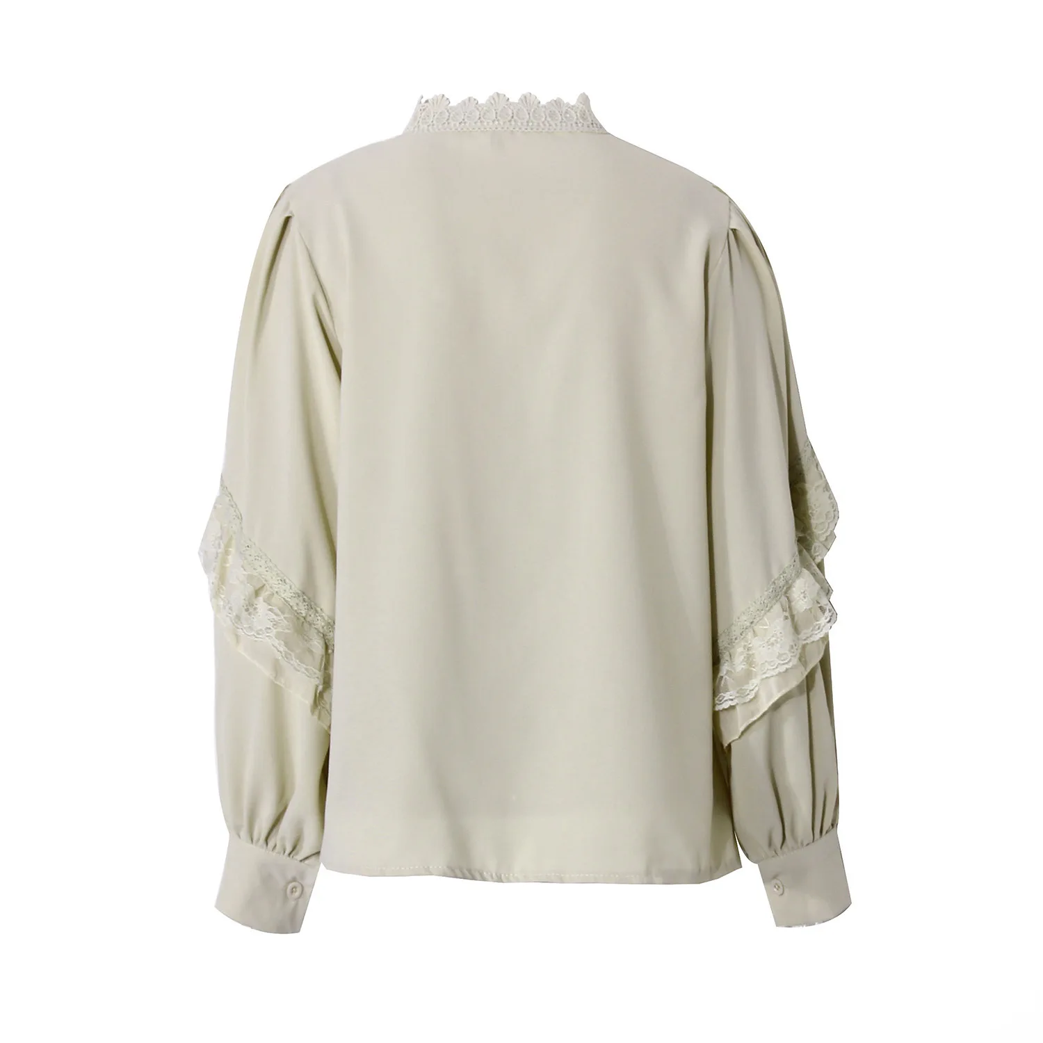 INGOO Elegant Lantern Long Sleeve Chiffon Shirt Women Spring Casual Lace Ladies Tops Vintage Button White Apricot Ruffle Blouse