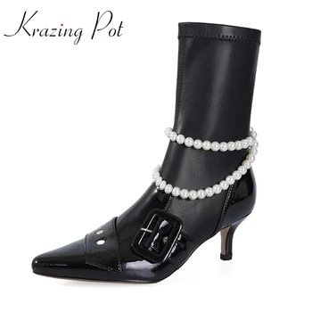

Krazing Pot pointed toe high heel stretch boots pearl chain decoration gorgeous princess style sweet girls mid-calf boots L36