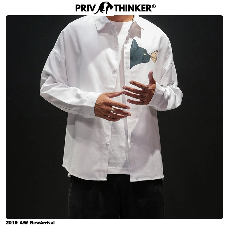 Privathinker мужские 2019 INS хип-хоп уличные рубашки мужские осенние маленькие модные рубашки с принтом кота мужские большие размеры белая одежда