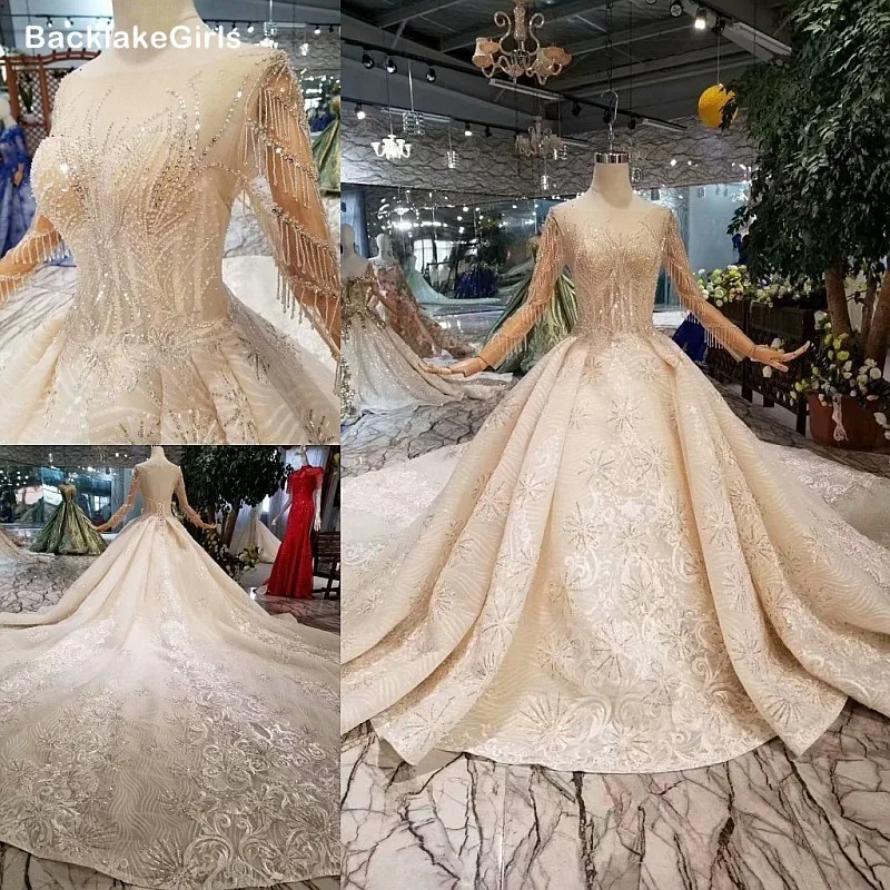 Champagne Wedding Gowns 2020 Beading Tassel Long Sleeves Lace Embroidery Sequin Pattern Tulle Wedding Dress New Vestido De Novia Wedding Dresses Aliexpress