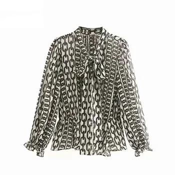 

Women's shirt bow chain print shirt 2020 spring new fashion chiffon shirt women