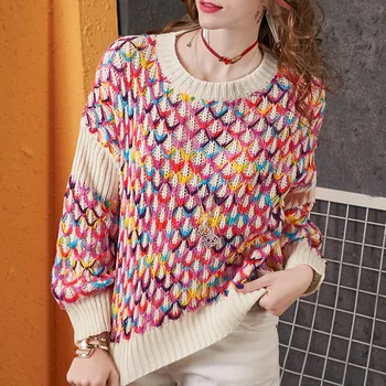 

Oversized Women Sweater Muiticolor Plaid Pullover Sweater 2019 Knit Sweater Women Full O-neck Loose Sweater Korean Knit Top