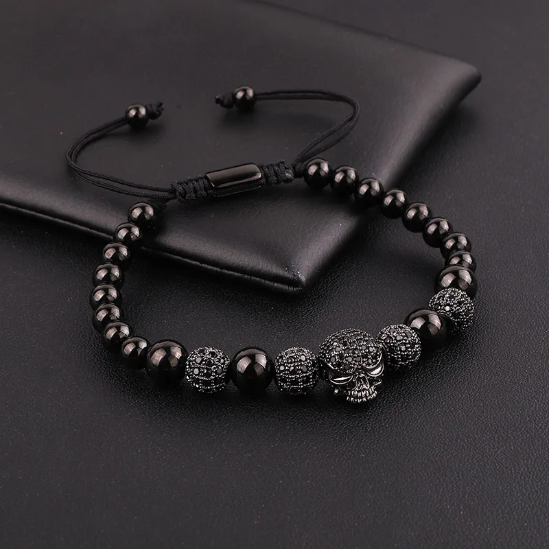 High Quality Luxury Men Jewelry Bracelet 8mm CZ Micro Pave Ball Skull Charm Adjustable Beads Macrame Bracelet - Image 5