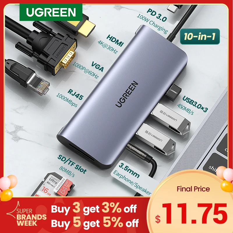 UGREEN USB HUB C HUB HDMI Adapter 10 in 1 USB C to USB 3.0 Dock for MacBook Pro Accessories USB-C Type C 3.1 Splitter USB C HUB