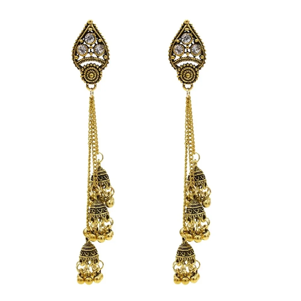 Для женщин индийский окисленный Jhumka Jhumki индийские серьги золотого и серебряного цвета, на крючках с длинной бахромой серьги женские массивные уши афганских ювелирные изделия